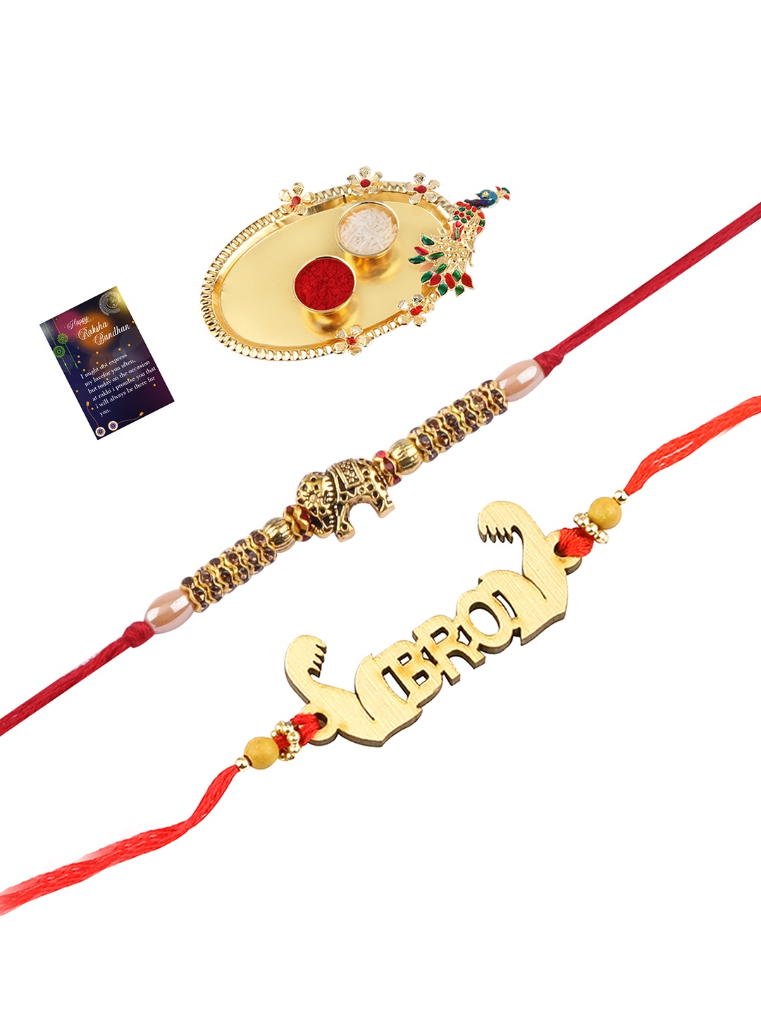 

Silver Shine Red 2 Rakhi With Pooja Thali Roli Chawal And greeting Card