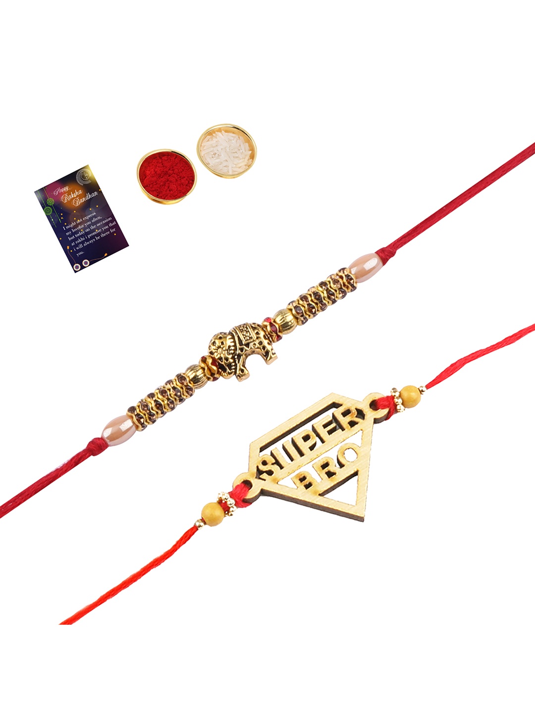 

Silver Shine Red & Gold-Toned 2 Rakhi With Roli Chawal Greeting Card