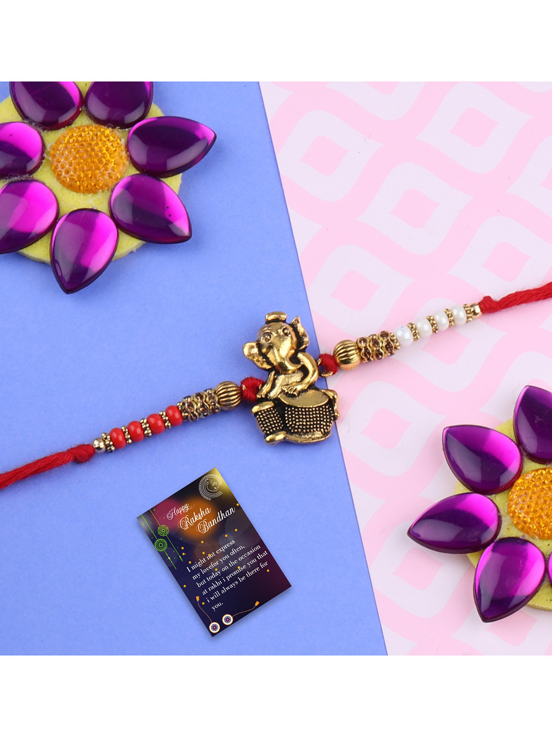 

Silver Shine 2 Rakhi With Roli Chawal Greeting Card, Gold