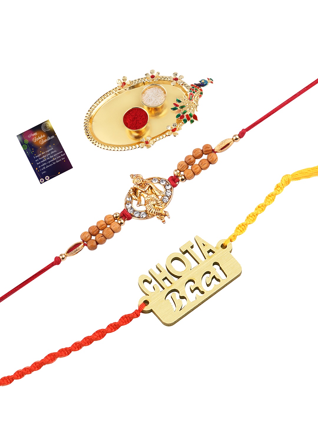 Silver Shine Gold-Toned 2 Rakhi With Pooja Thali Roli Chawal & Greeting Card