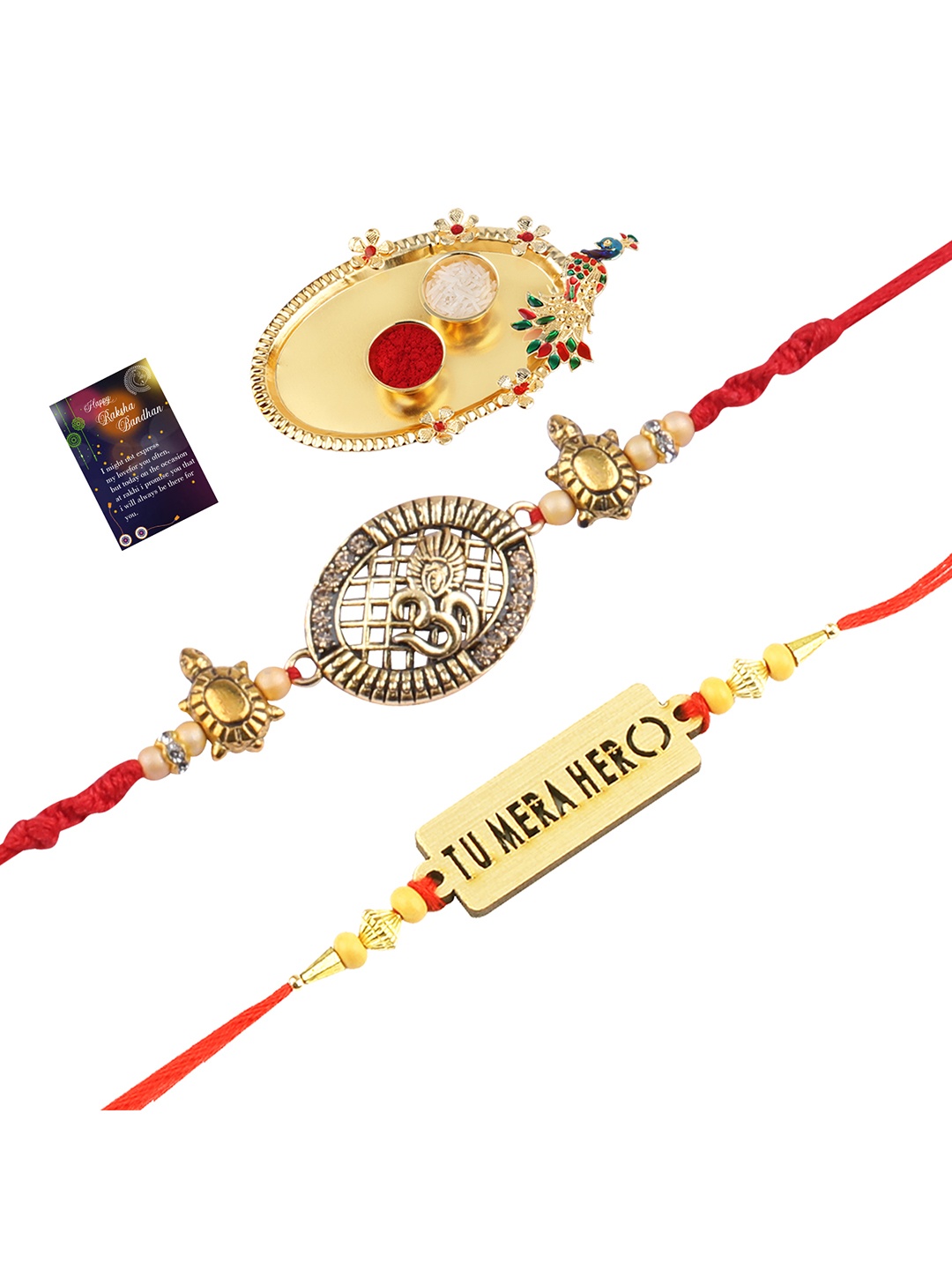 

Silver Shine 2 Rakhi with Pooja Thali Roli Chawal and Greeting Card, Red