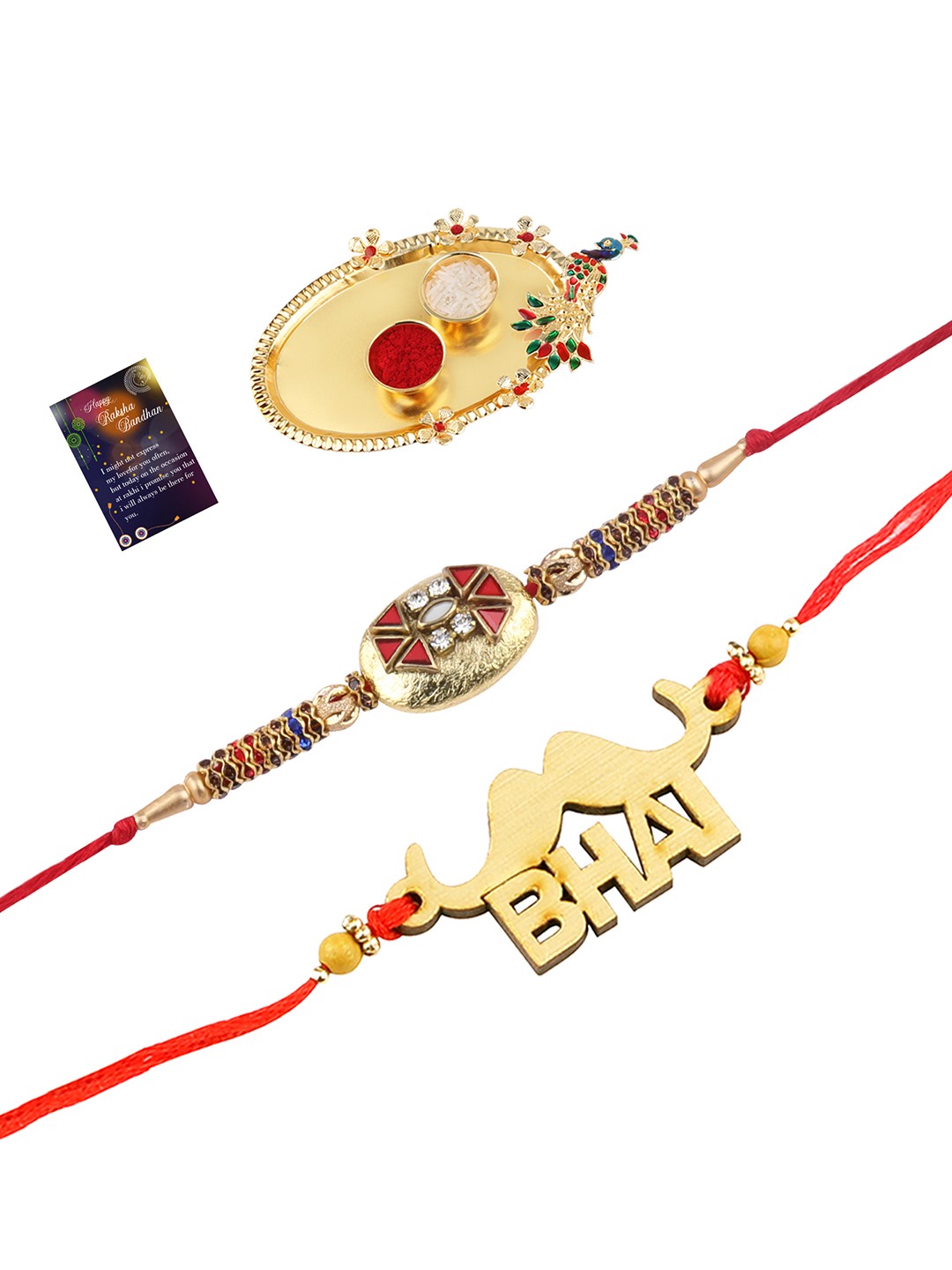 

Silver Shine 2 Rakhi With Pooja Thali Roli Chawal And Greeting Card, Multi