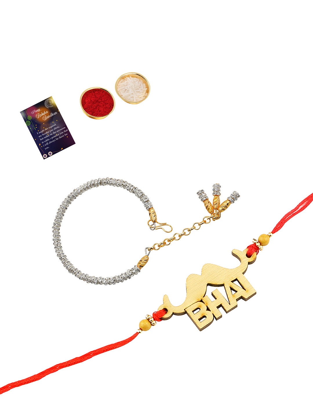 

Silver Shine Red 1 Rakhi & 1 Bhabhi Rakhi With Pooja Thali Roli Chawal