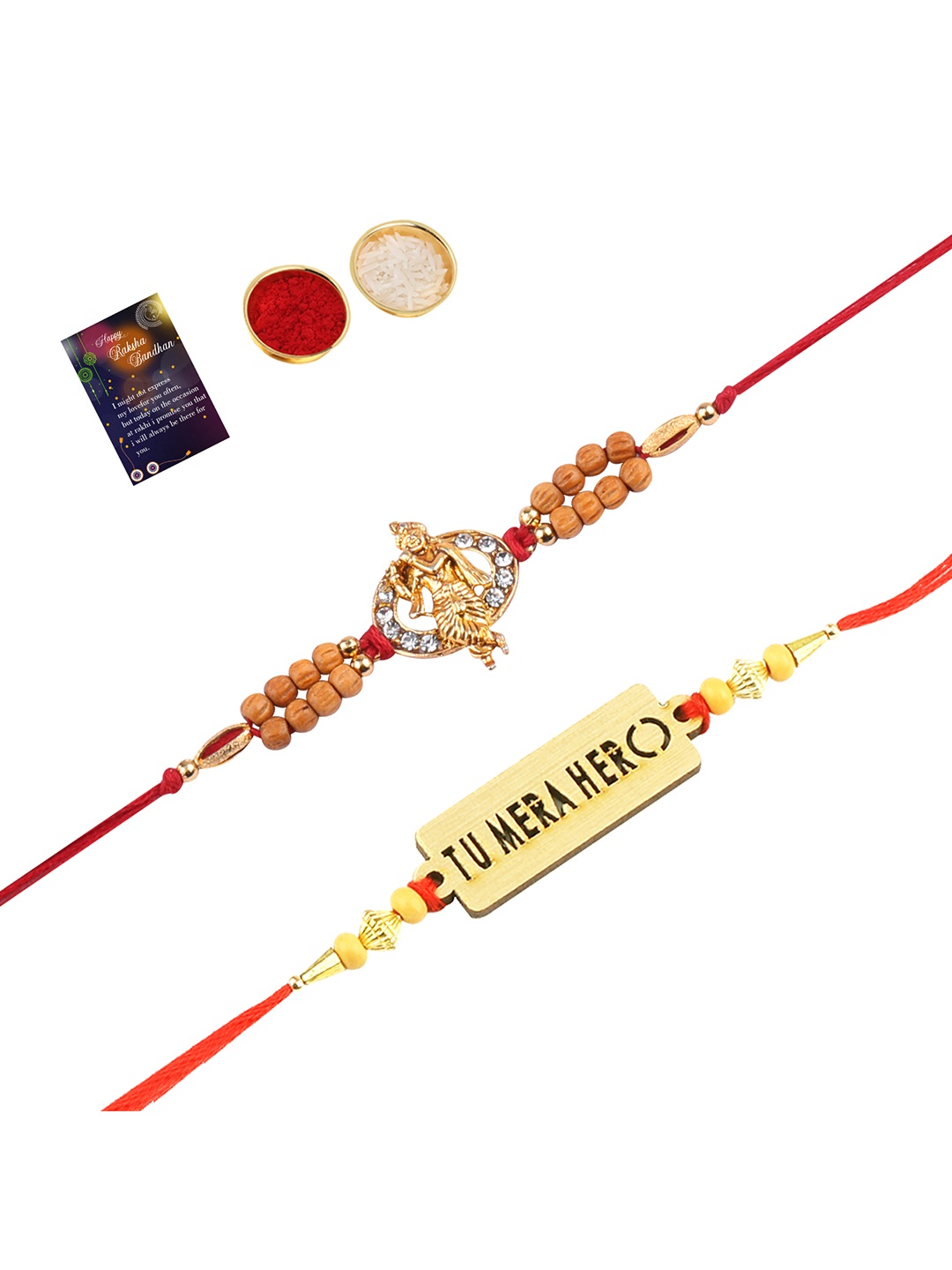 

Silver Shine Red 2 Rakhi With Pooja Thali Roli Chawal And Greeting Card