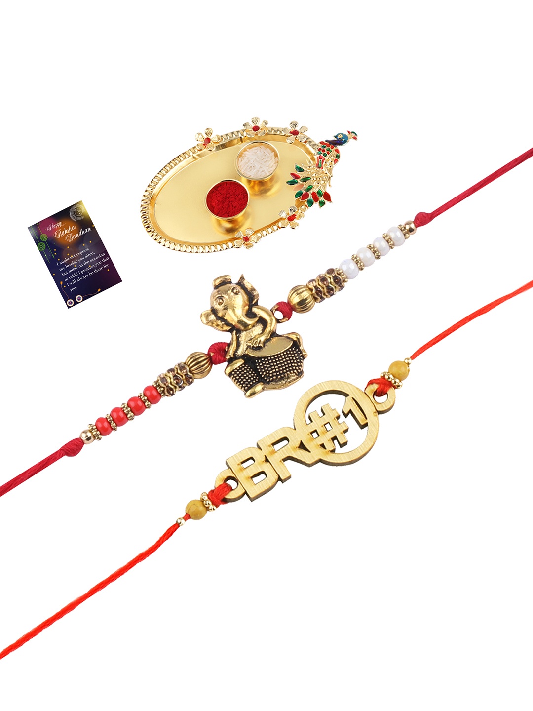 

Silver Shine 2 Rakhi with Pooja Thali Roli Chawal and Greeting Card, Multi