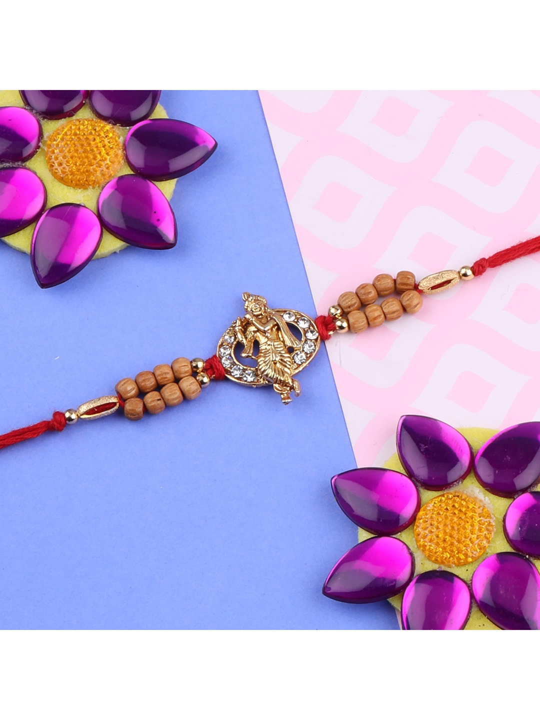 

Silver Shine Red 4 Rakhi With Pooja Thali Roli Chawal And Greeting Card
