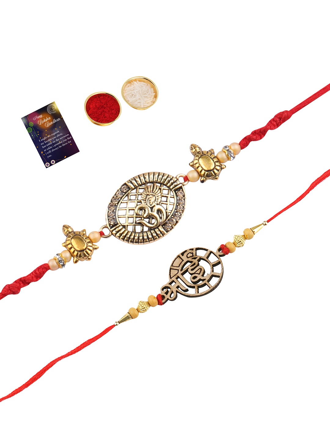 

Silver Shine Set Of 2 Rakhi with Roli Chawal Greeting Card, Red
