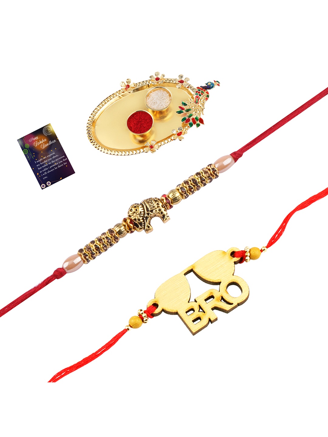 

Silver Shine Multicoloured 2 Rakhis with Roli Chawal & Greetings Card, Multi