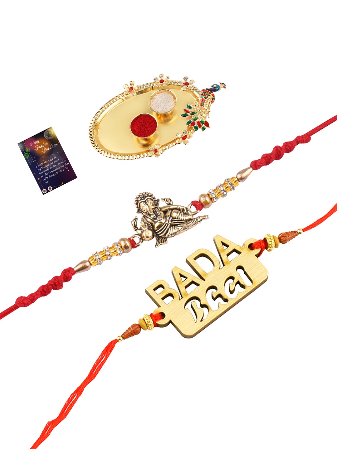 

Silver Shine 2 Rakhi With Pooja Thali Roli Chawal And Greeting Card, Multi