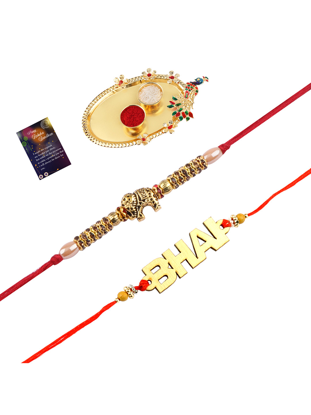 

Silver Shine 2 Rakhi With Pooja Thali Roli Chawal And Greeting Card, Multi