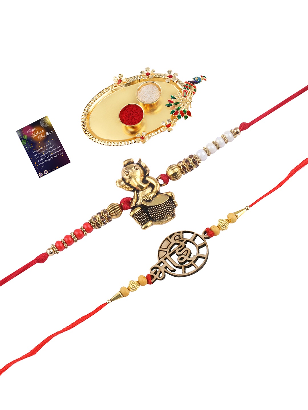 

Silver Shine Red & Gold-Toned 2 Rakhi With Pooja Thali Roli Chawal & Greeting Card