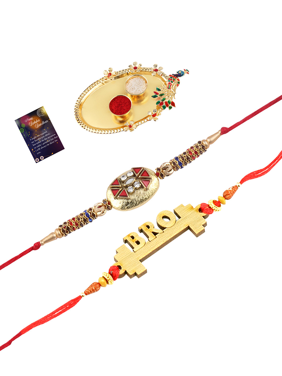 

Silver Shine Red Set Of 2 Rakhi Combo With Roli Chawal & Greeting Card
