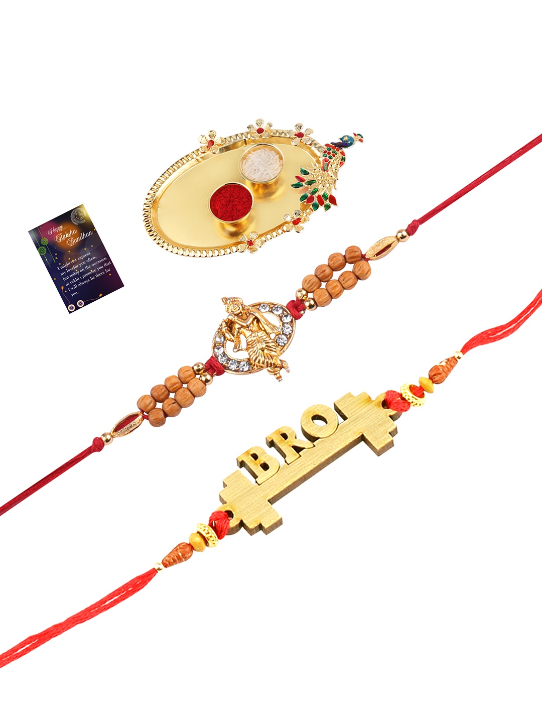 

Silver Shine 2 Rakhi with Pooja Thali Roli Chawal and Greeting Card, Red