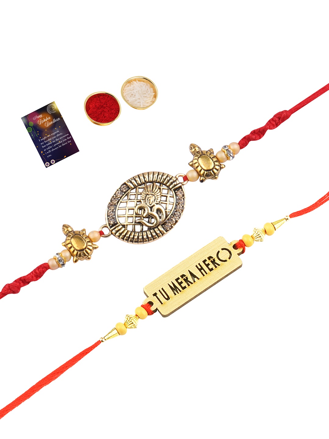 

Silver Shine Red & Gold-Toned 2 Rakhi With Roli Chawal Greeting Card