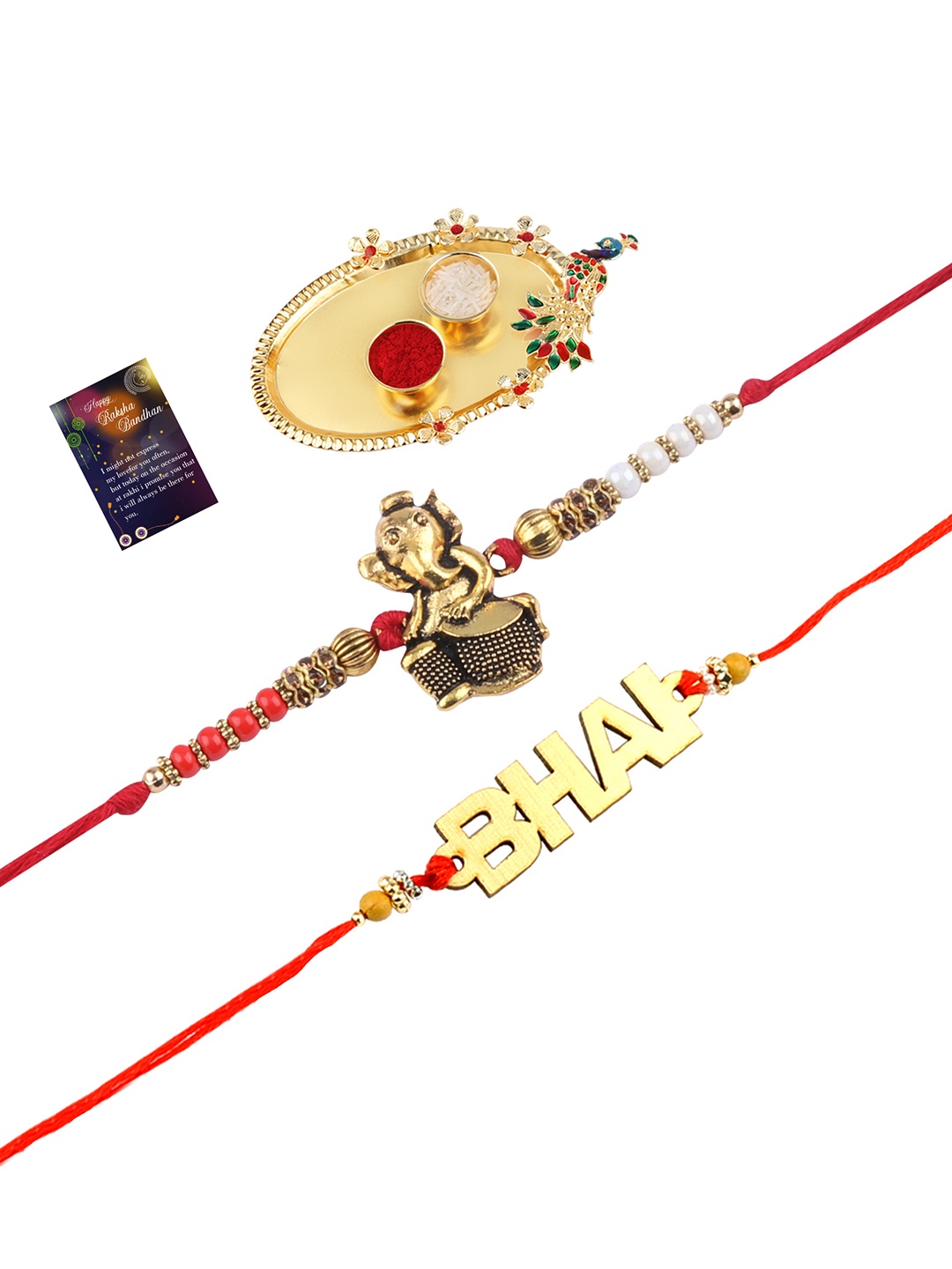 

Silver Shine 2 Rakhi With Pooja Thali Roli Chawal And Greeting Card, Multi