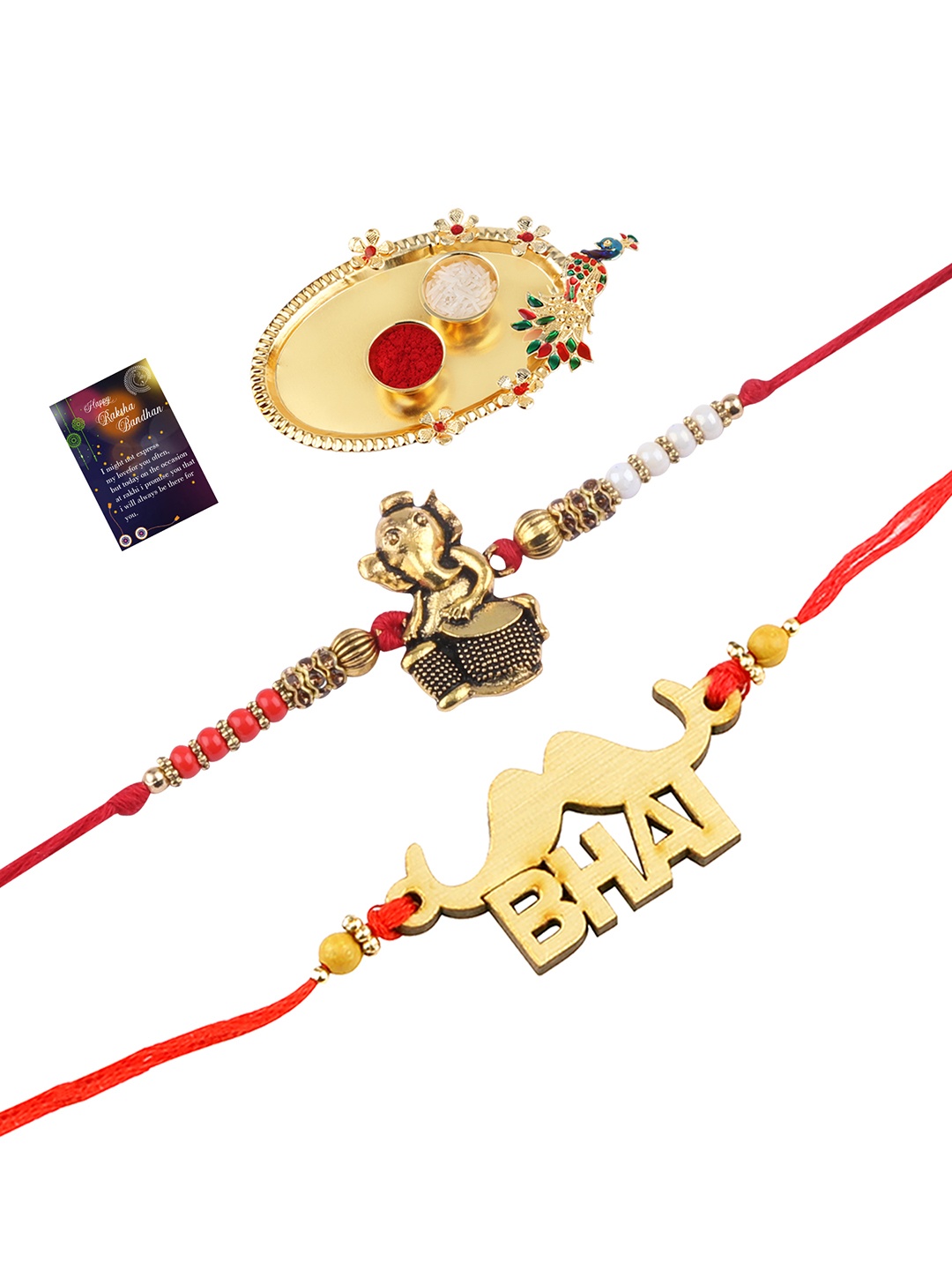 

Silver Shine Red & Gold-Toned 2 Rakhi With Pooja Thali Roli Chawal & Greeting Card