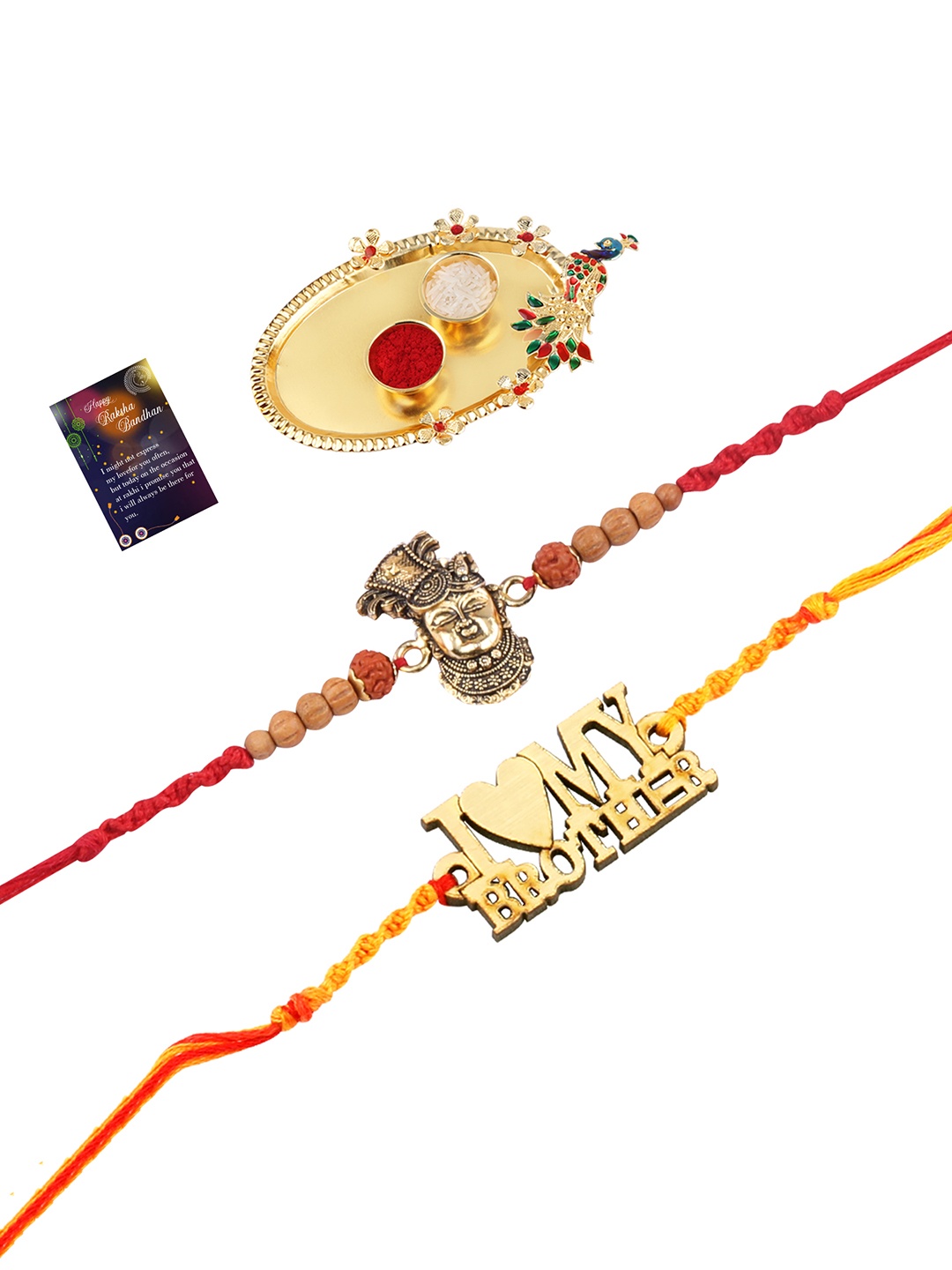

Silver Shine Red 2 Rakhi With Pooja Thali Roli Chawal And Greeting Card, Multi
