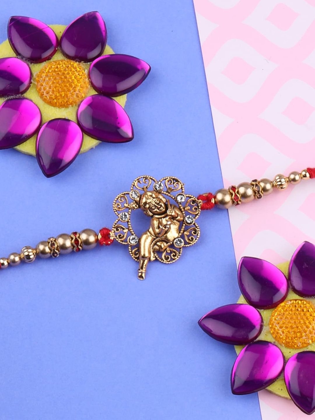 

Silver Shine Set of 3 Rakhi With Pooja Thali Roli Chawal And Greeting Card, Red