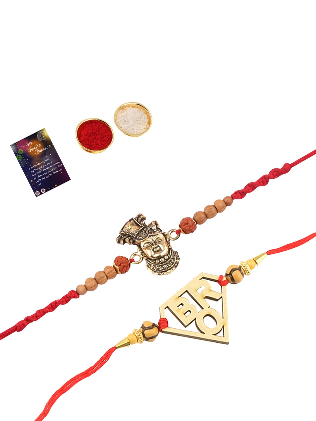 

Silver Shine Set Of 2 Rakhi with Roli Chawal Greeting Card, Red