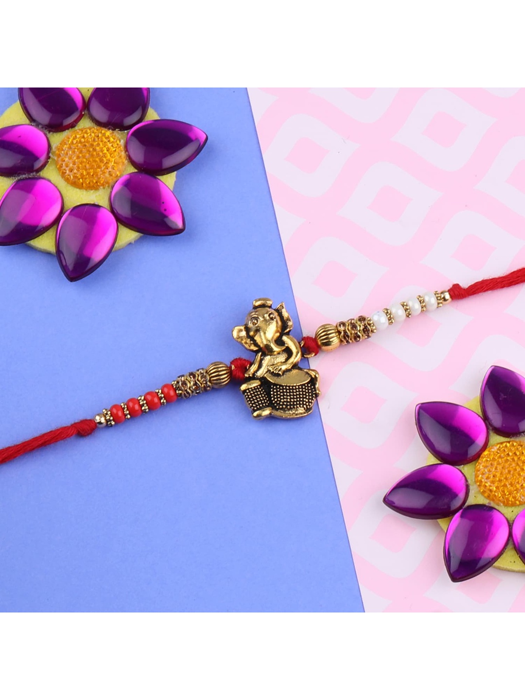 

Silver Shine Red 3 Rakhi With Pooja thali Roli Chawal And greeting Card