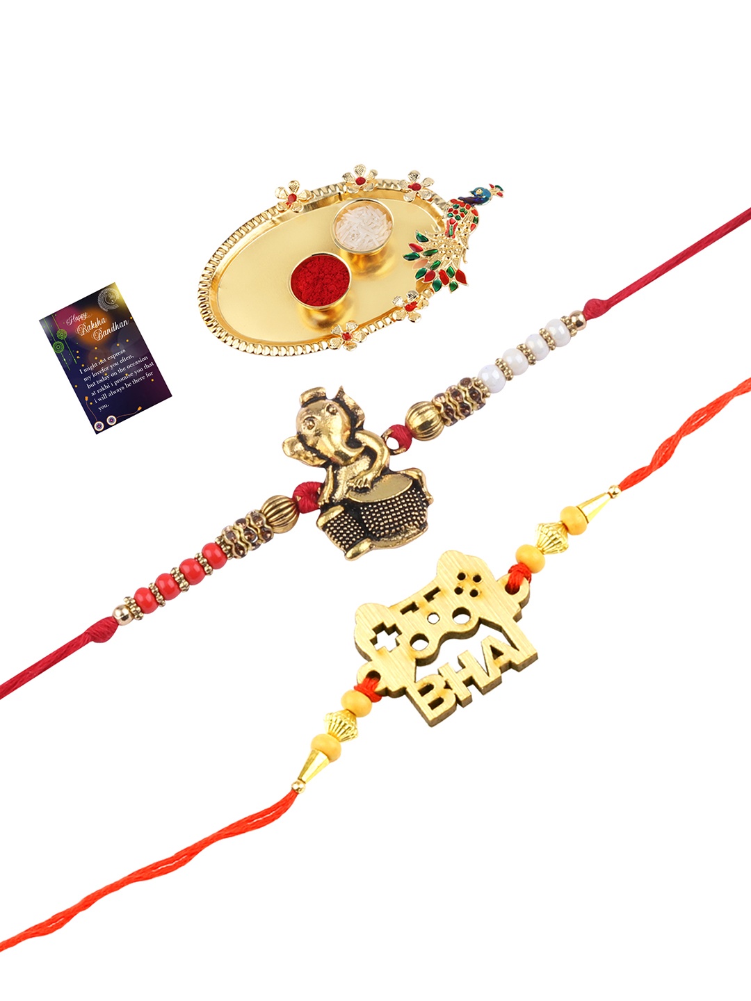 

Silver Shine 2 Rakhi With Pooja Thali Roli Chawal And Greeting Card, Multi