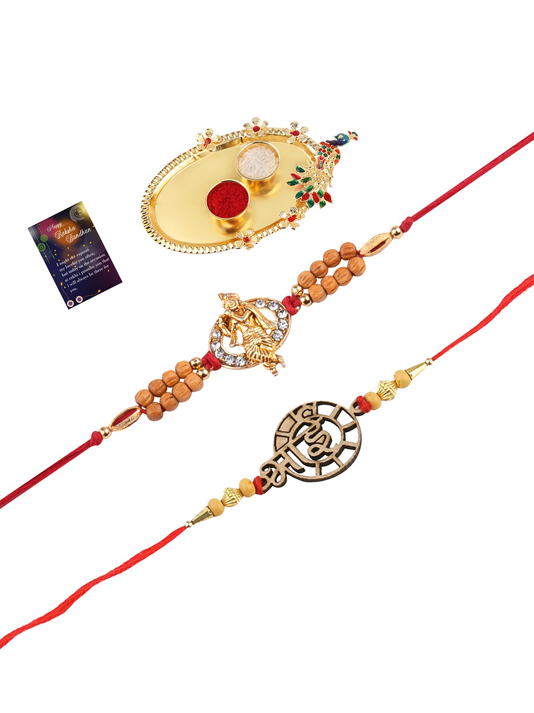 

Silver Shine Red & Gold-Toned 2 Rakhi With Pooja Thali Roli Chawal & Greeting Card