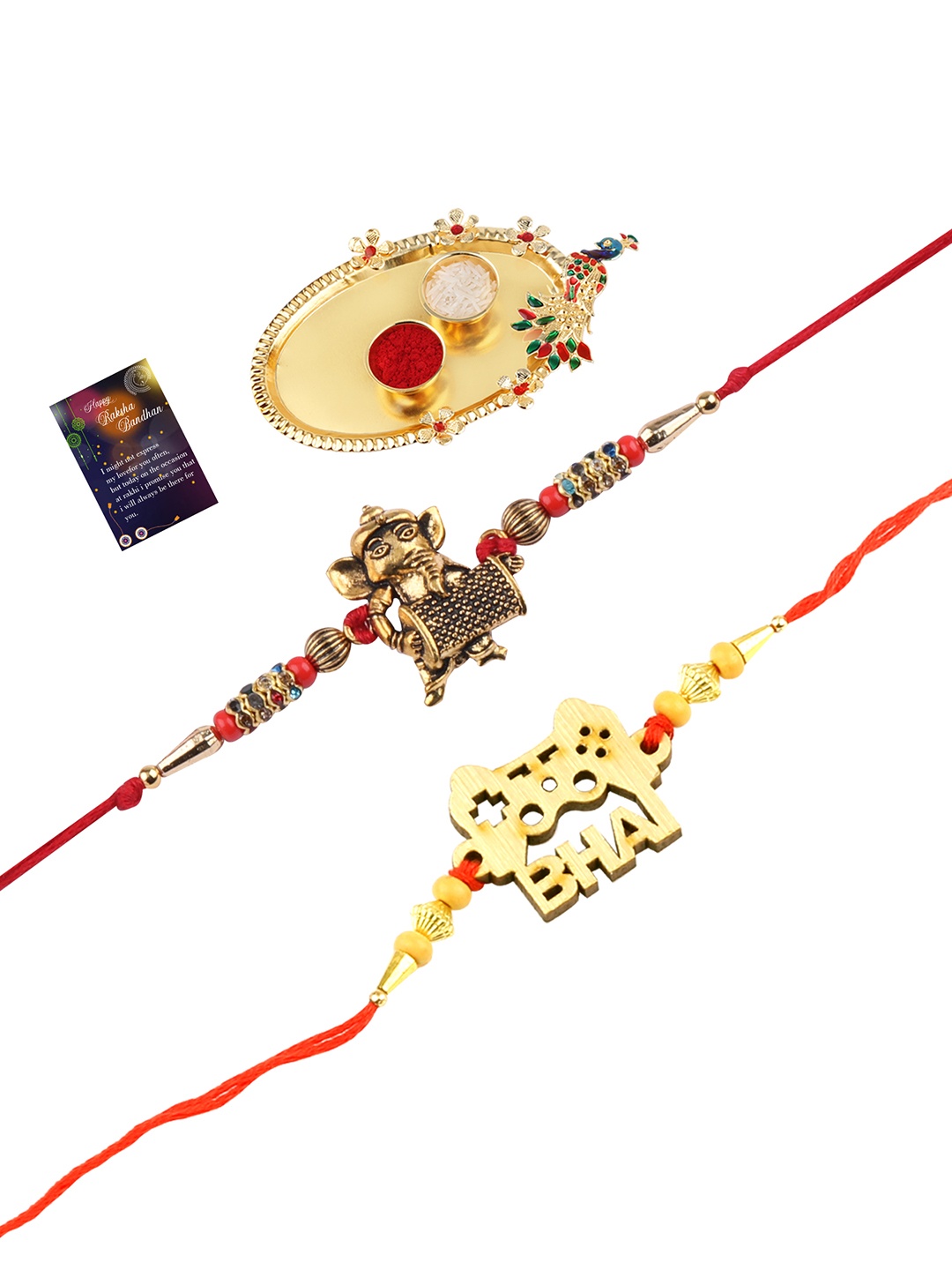 

Silver Shine Red & Gold-Toned 2 Rakhi With Pooja Thali Roli Chawal & Greeting Card