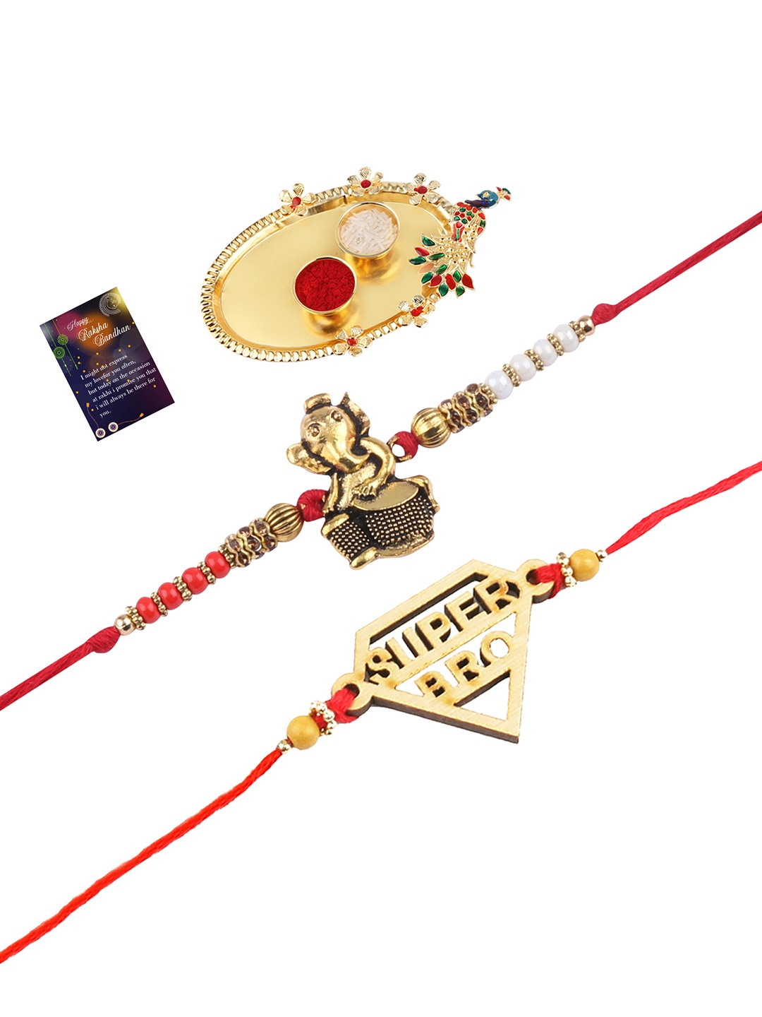 

Silver Shine 2 Rakhi with Pooja Thali Roli Chawal and Greeting Card, Red