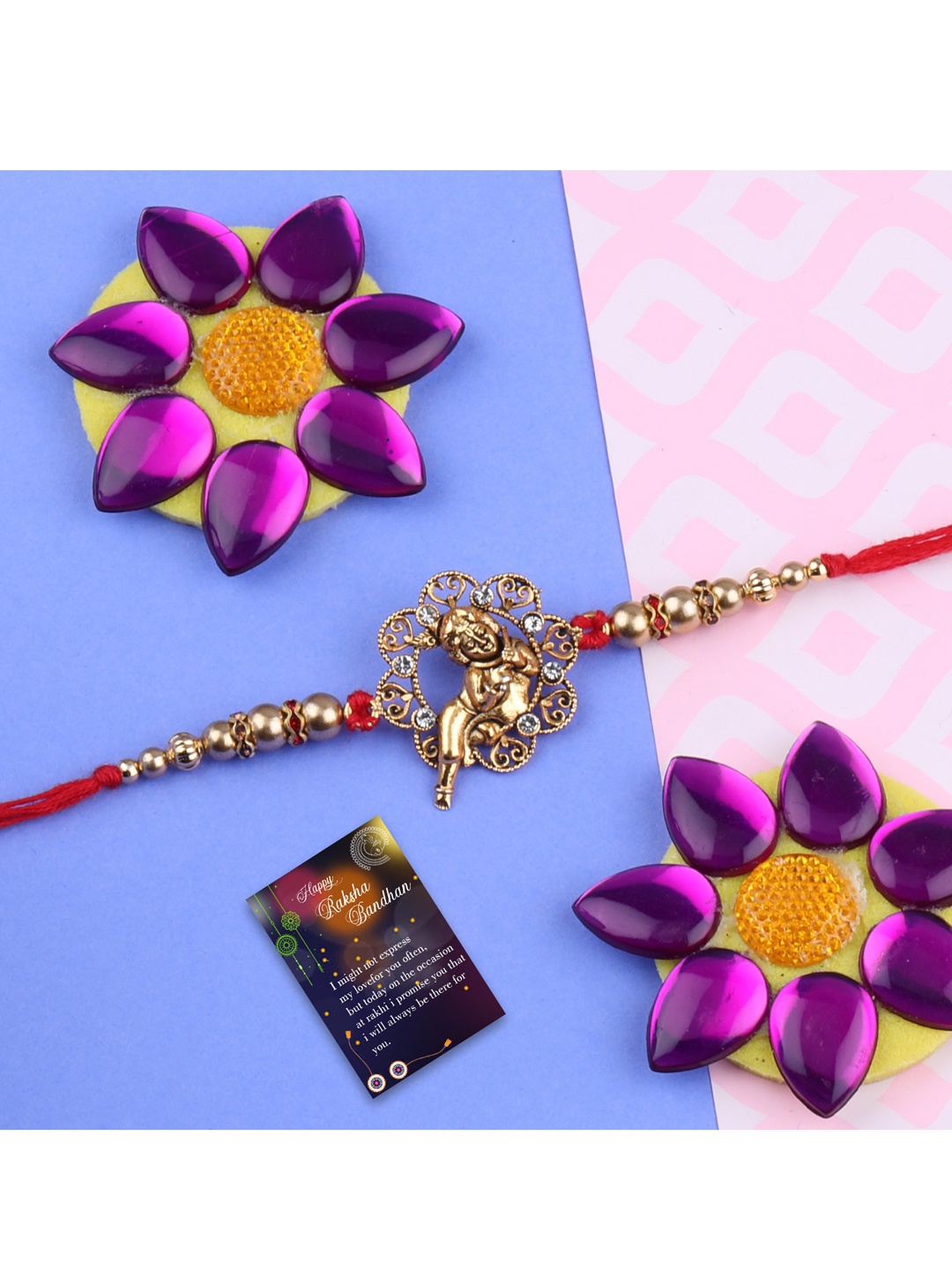 

Silver Shine Set Of 2 Rakhi with Roli Chawal Greeting Card, Red