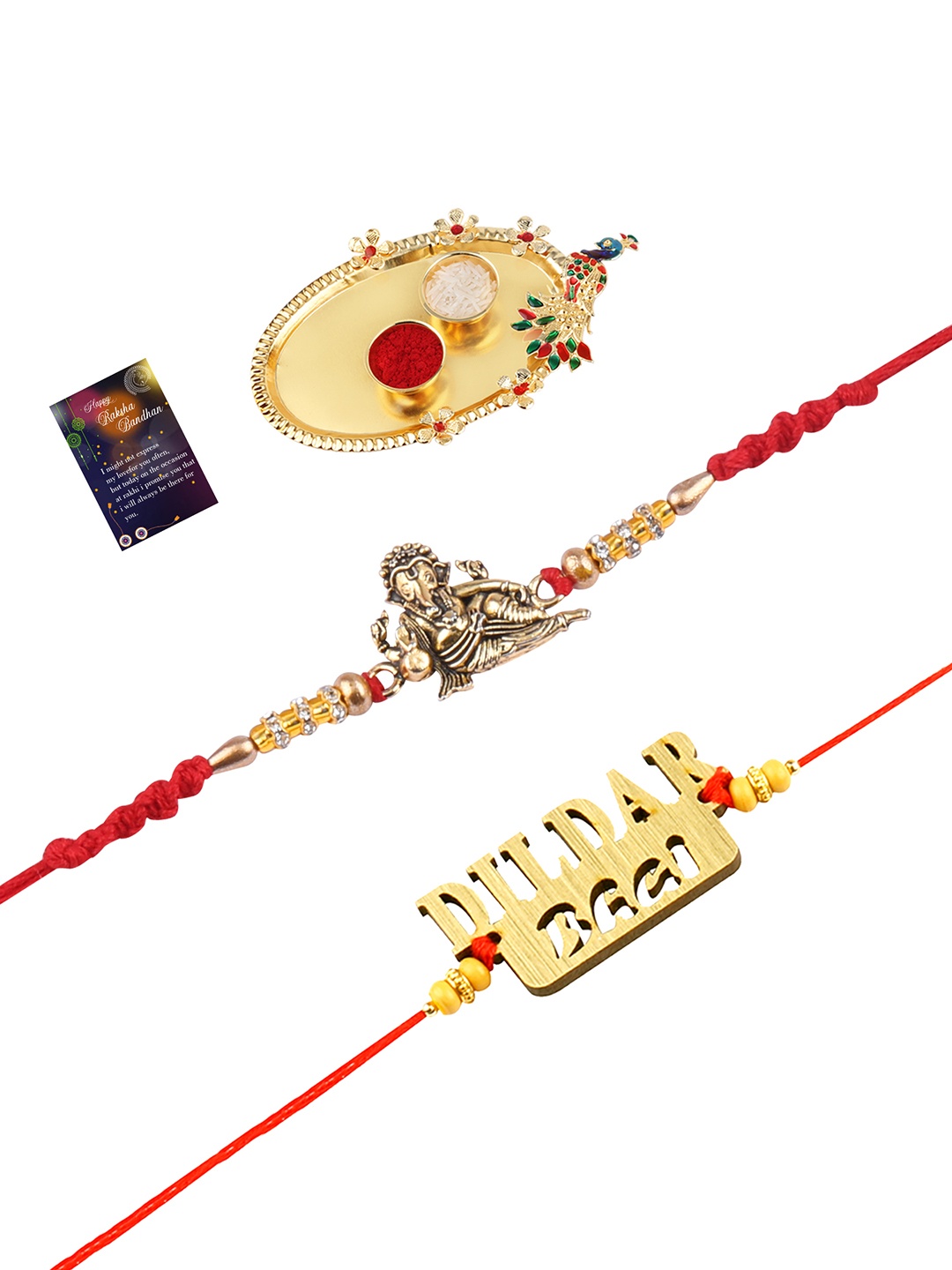 

Silver Shine Red 2 Rakhi With Pooja Thali Roli Chawal And Greeting Card