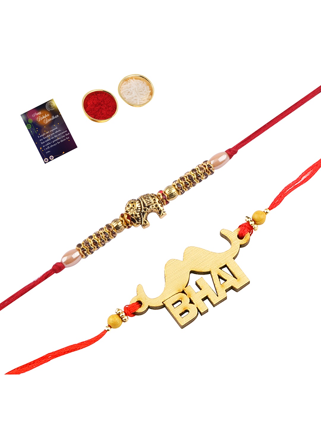 

Silver Shine Red & Gold-Toned 2 Rakhi With Roli Chawal Greeting Card