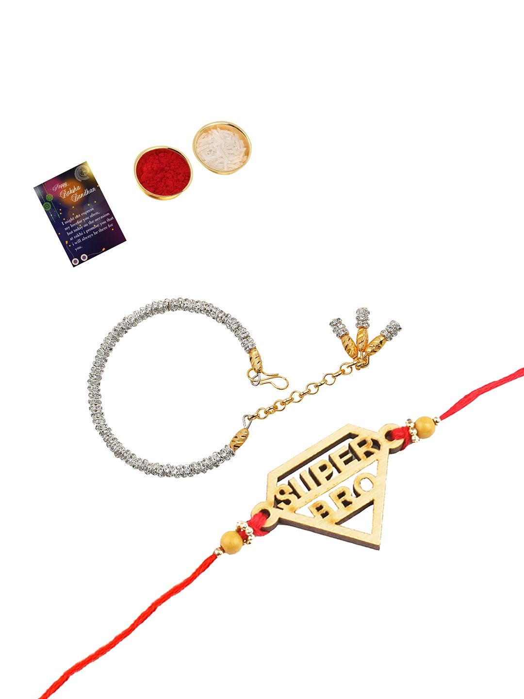 

Silver Shine 1 Rakhi 1 Bhabhi Rakhi With Pooja Thali Roli Chawal, Red