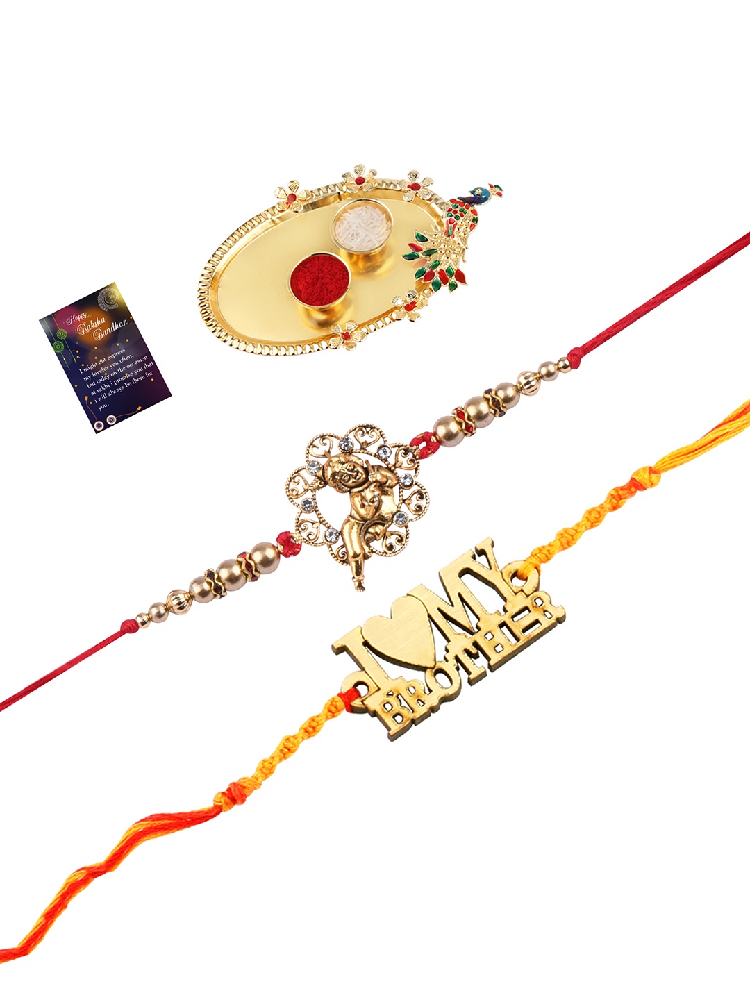 

Silver Shine 2 Rakhi With Pooja Thali Roli Chawal And Greeting Card, Red
