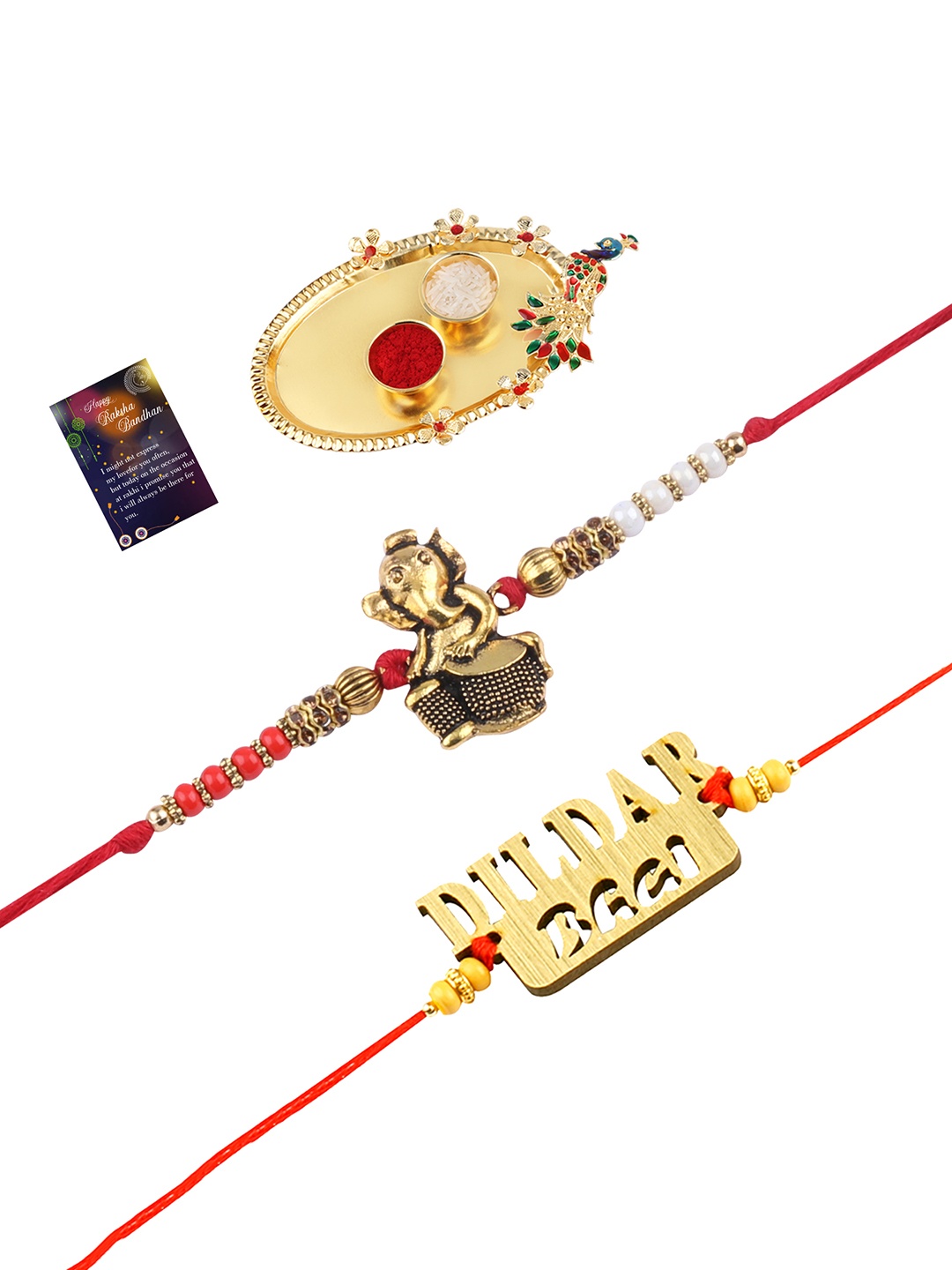 

Silver Shine Red & Gold-Toned 2 Rakhi With Pooja Thali Roli Chawal & Greeting Card