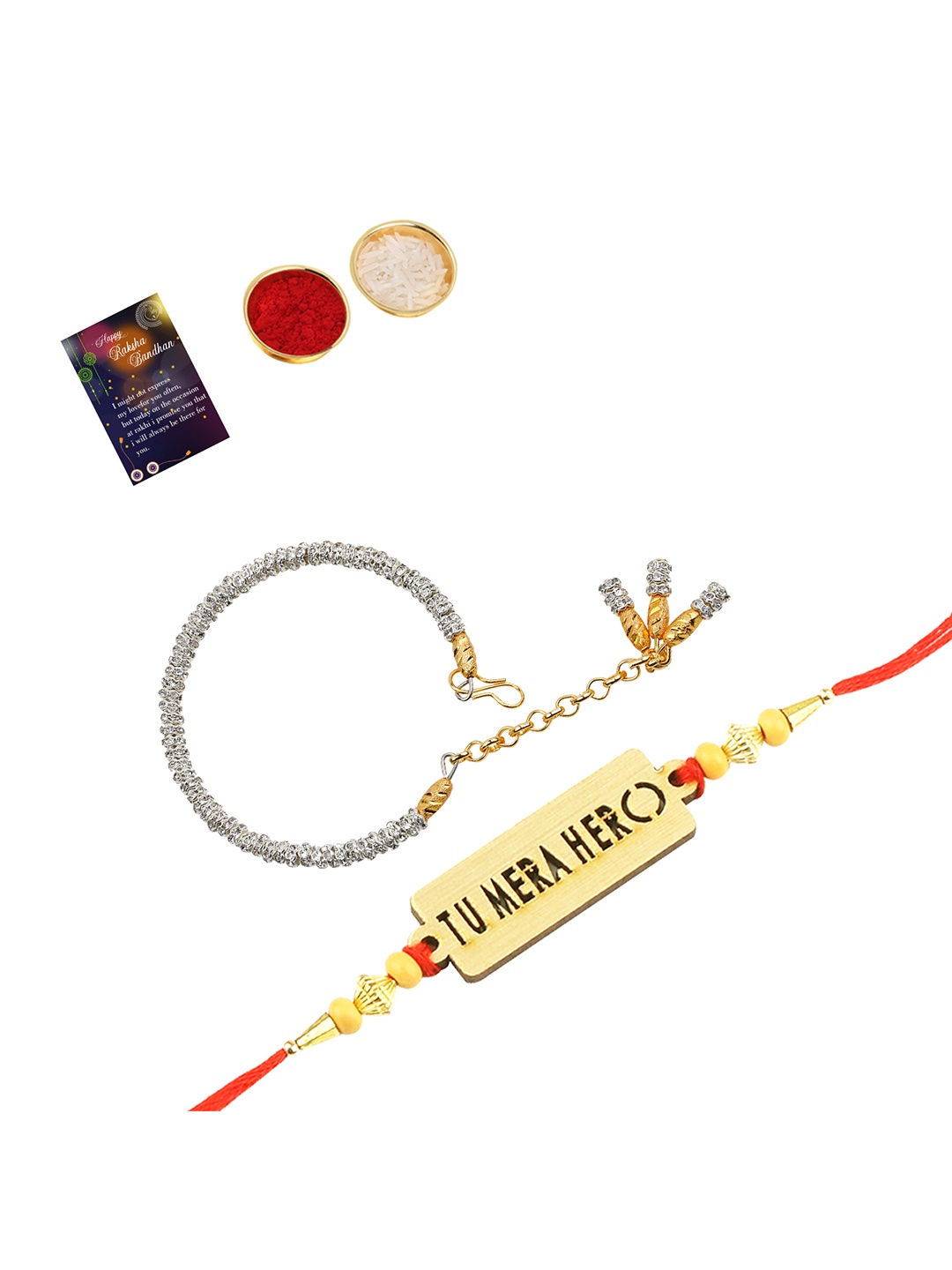 

Silver Shine Red 1 Rakhi & 1 Bhabhi Rakhi With Pooja Thali Roli Chawal