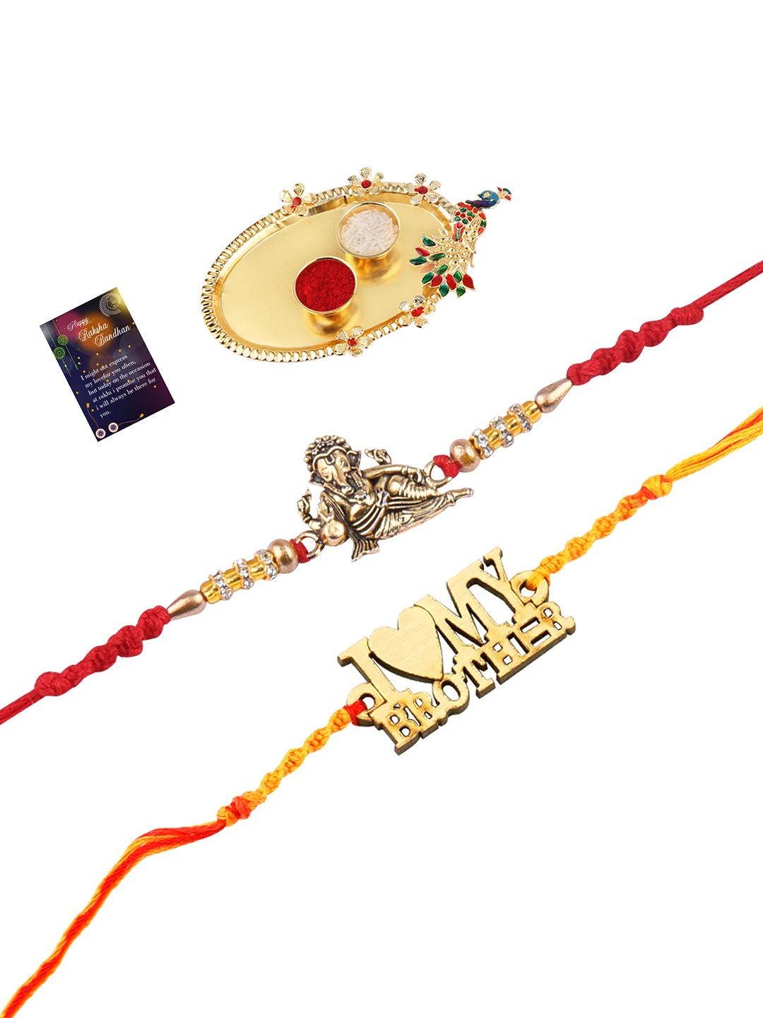 

Silver Shine 2 Rakhi with Pooja Thali Roli Chawal and Greeting Card, Multi