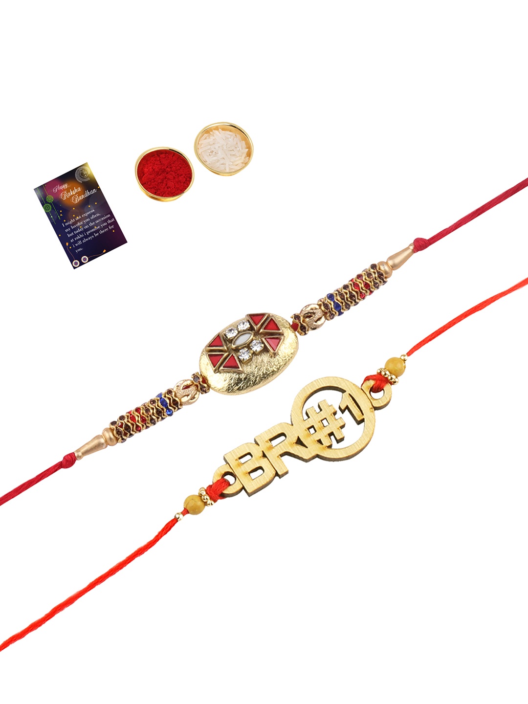

Silver Shine Gold-Toned 2 Rakhi With Roli Chawal Greeting Card