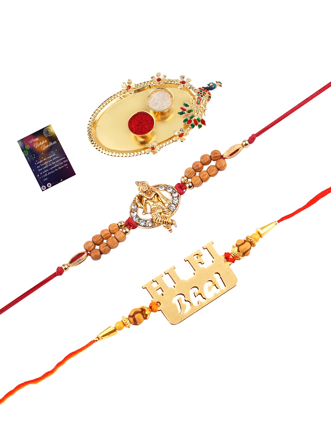 

Silver Shine 2 Rakhi With Pooja Thali Roli Chawal And Greeting Card, Multi