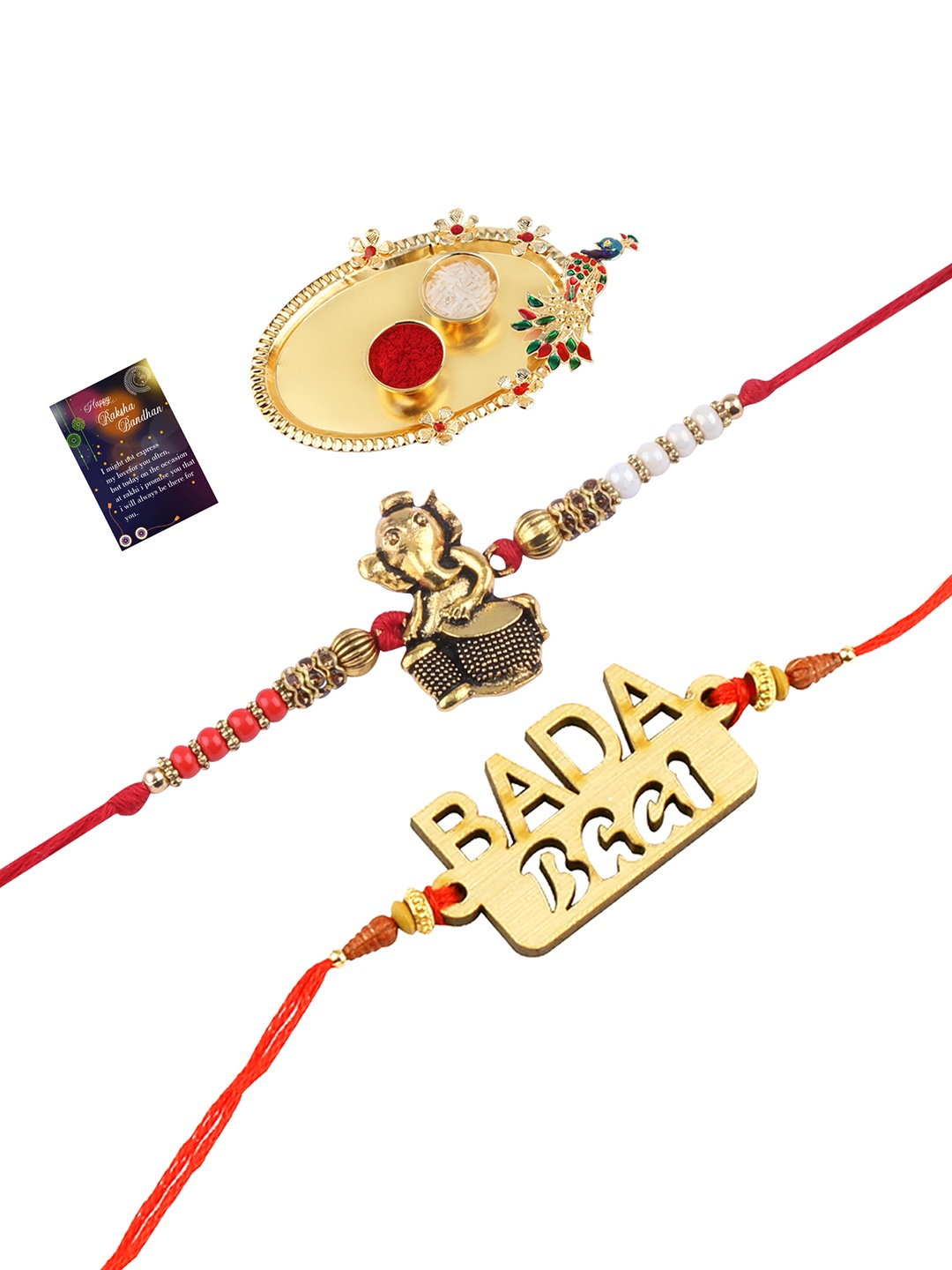 

Silver Shine 2 Rakhi with Pooja Thali Roli Chawal and Greeting Card, Multi