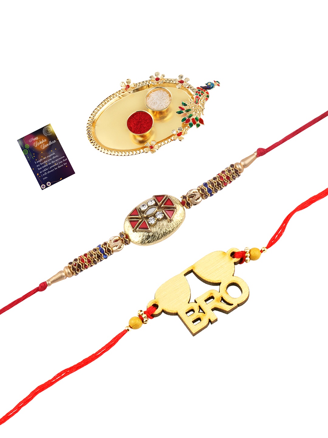 

Silver Shine Gold-Toned 2 Rakhi With Pooja Thali Roli Chawal And Greeting Card