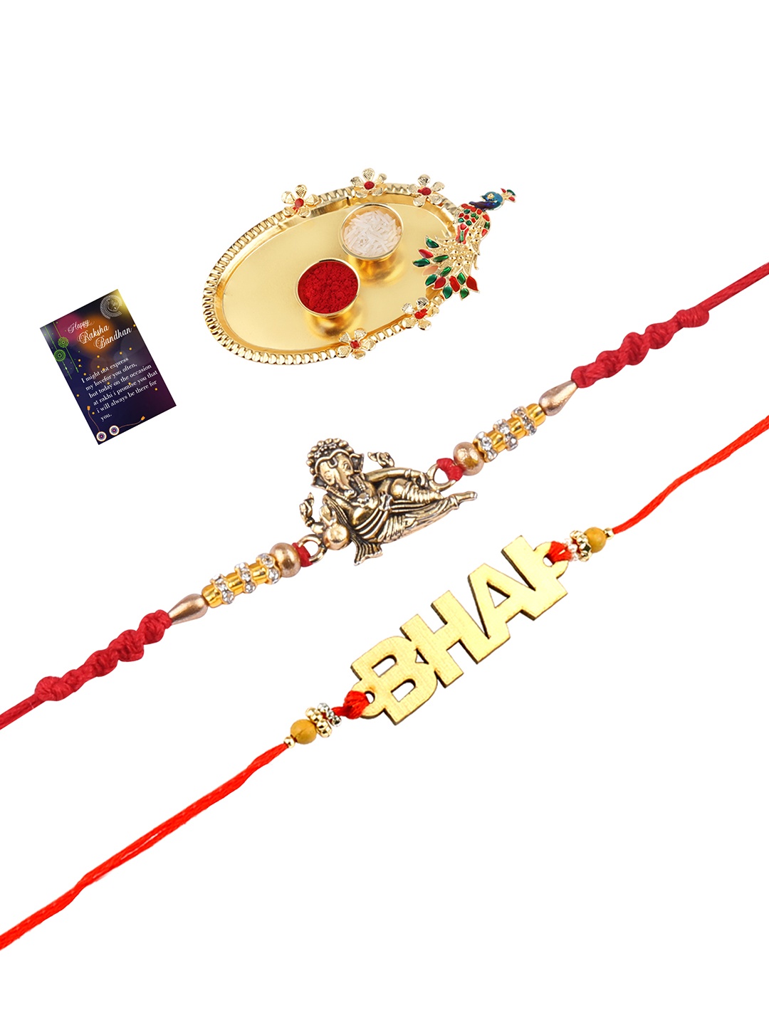 

Silver Shine Red Set Of 2 Rakhi With Roli Chawal & Greeting Card