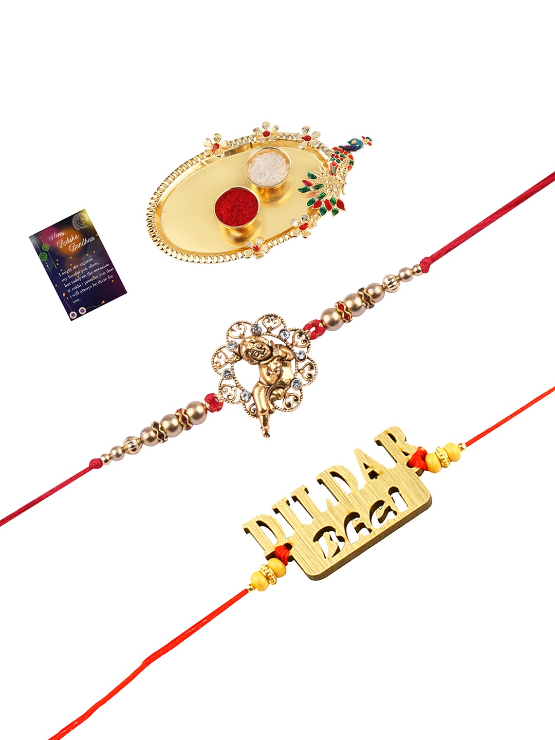Silver Shine 2 Rakhi with Pooja Thali Roli Chawal and Greeting Card, Multi