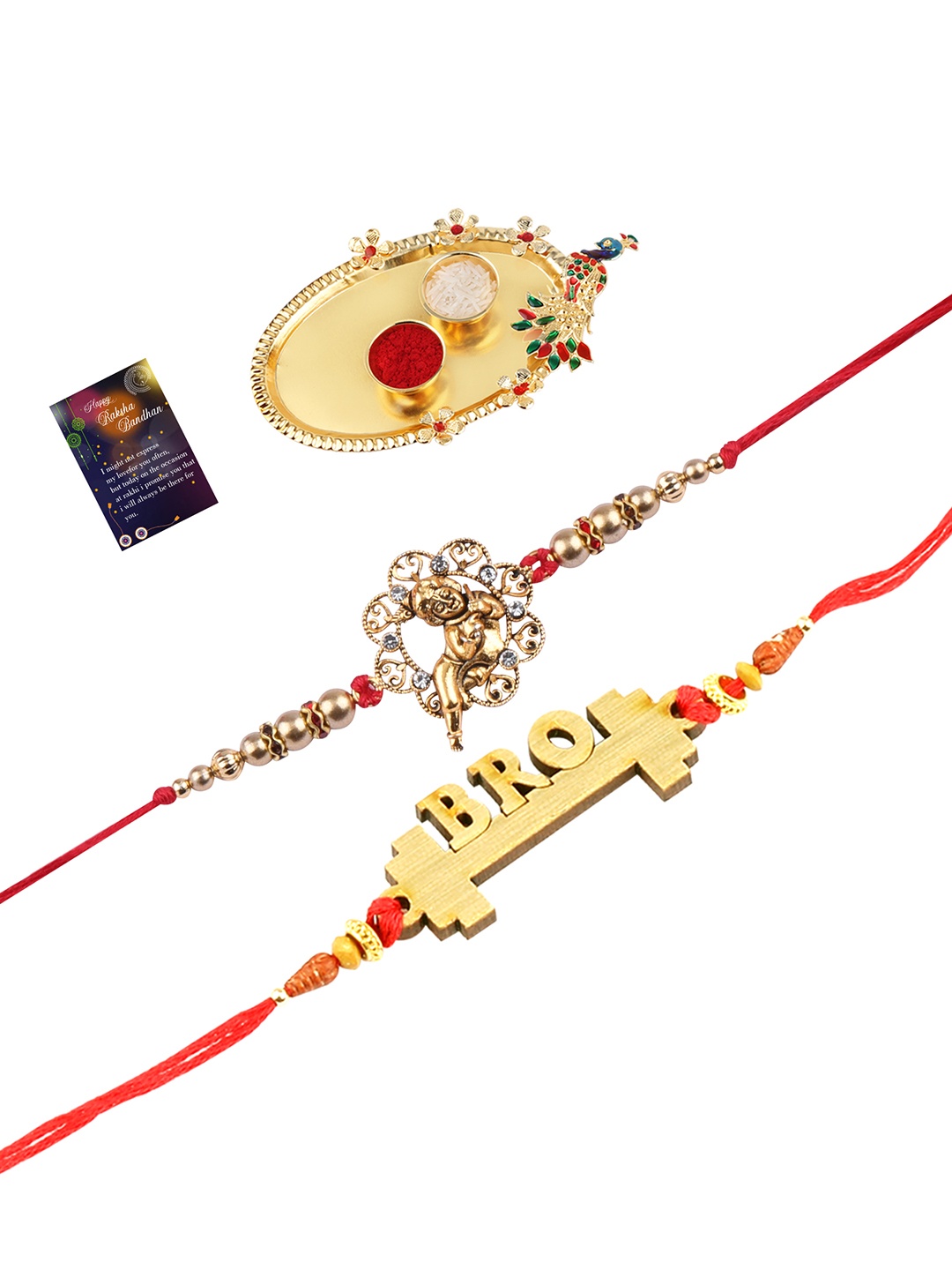 

Silver Shine Red 2 Rakhi With Pooja Thali Roli Chawal And Greeting Card