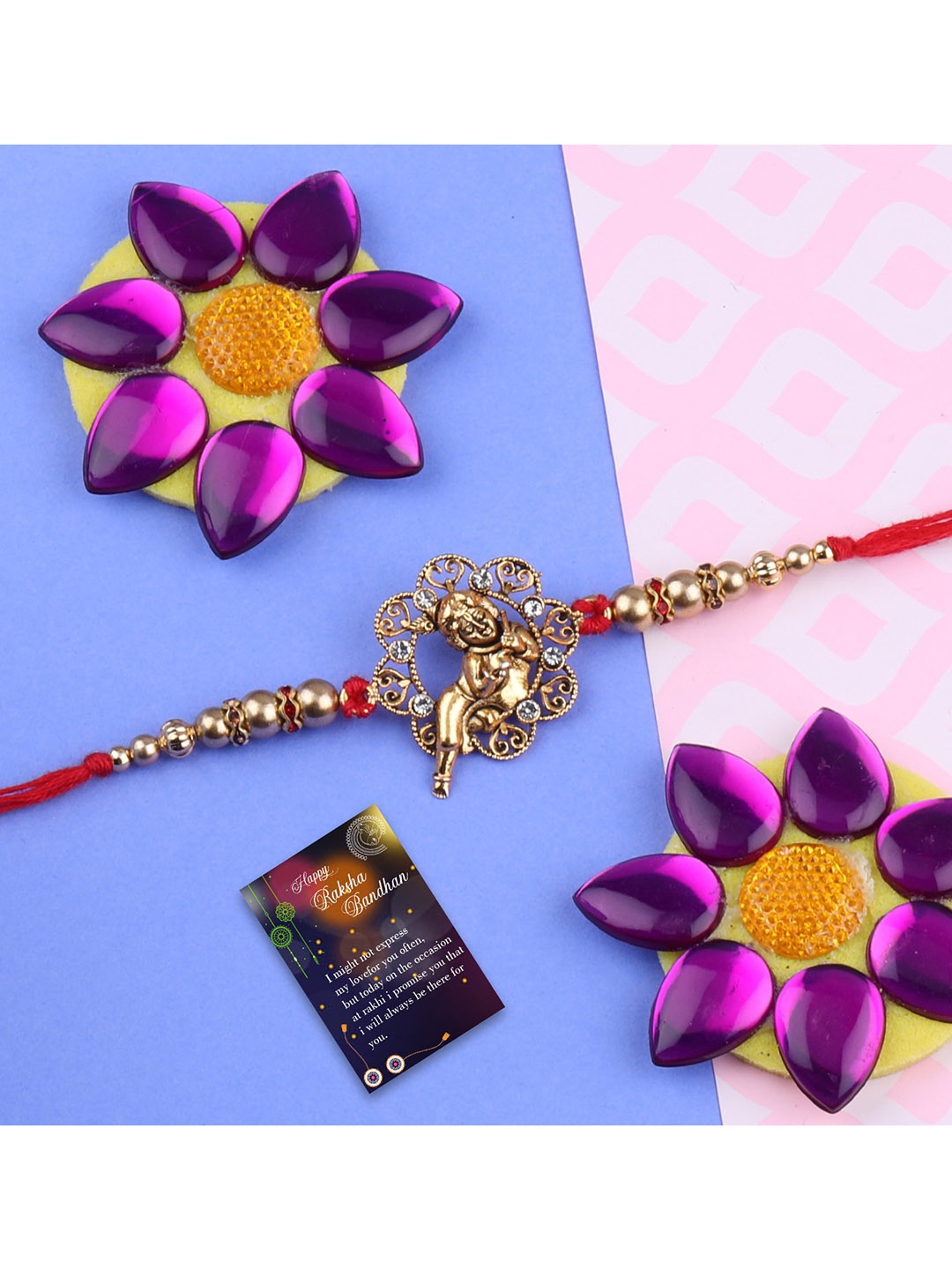 

Silver Shine Set Of 2 Red & Gold-Toned Stone-Studded Rakhi Gift Set