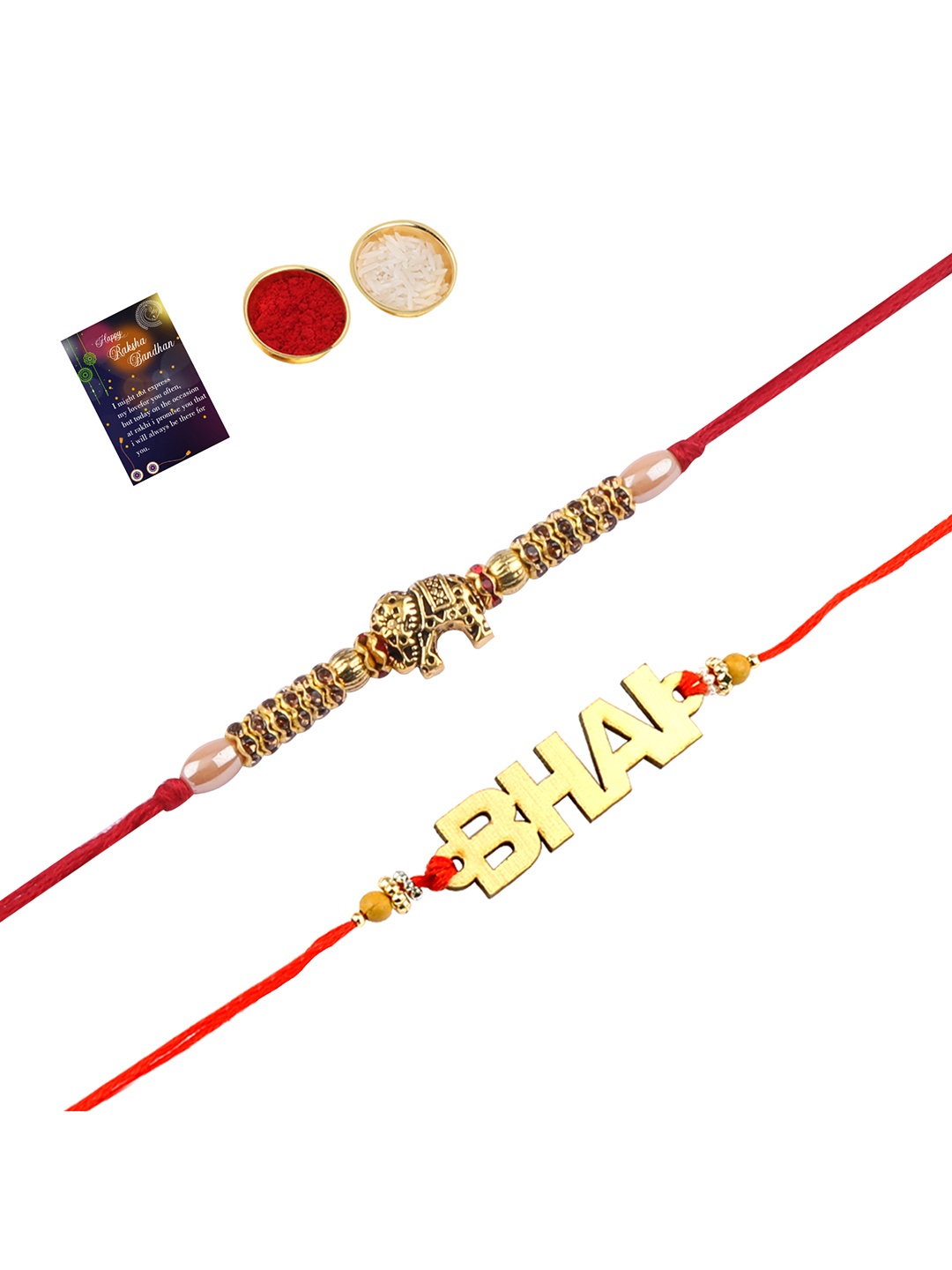 

Silver Shine Gold-Toned 2 Rakhi With Roli Chawal Greeting Card