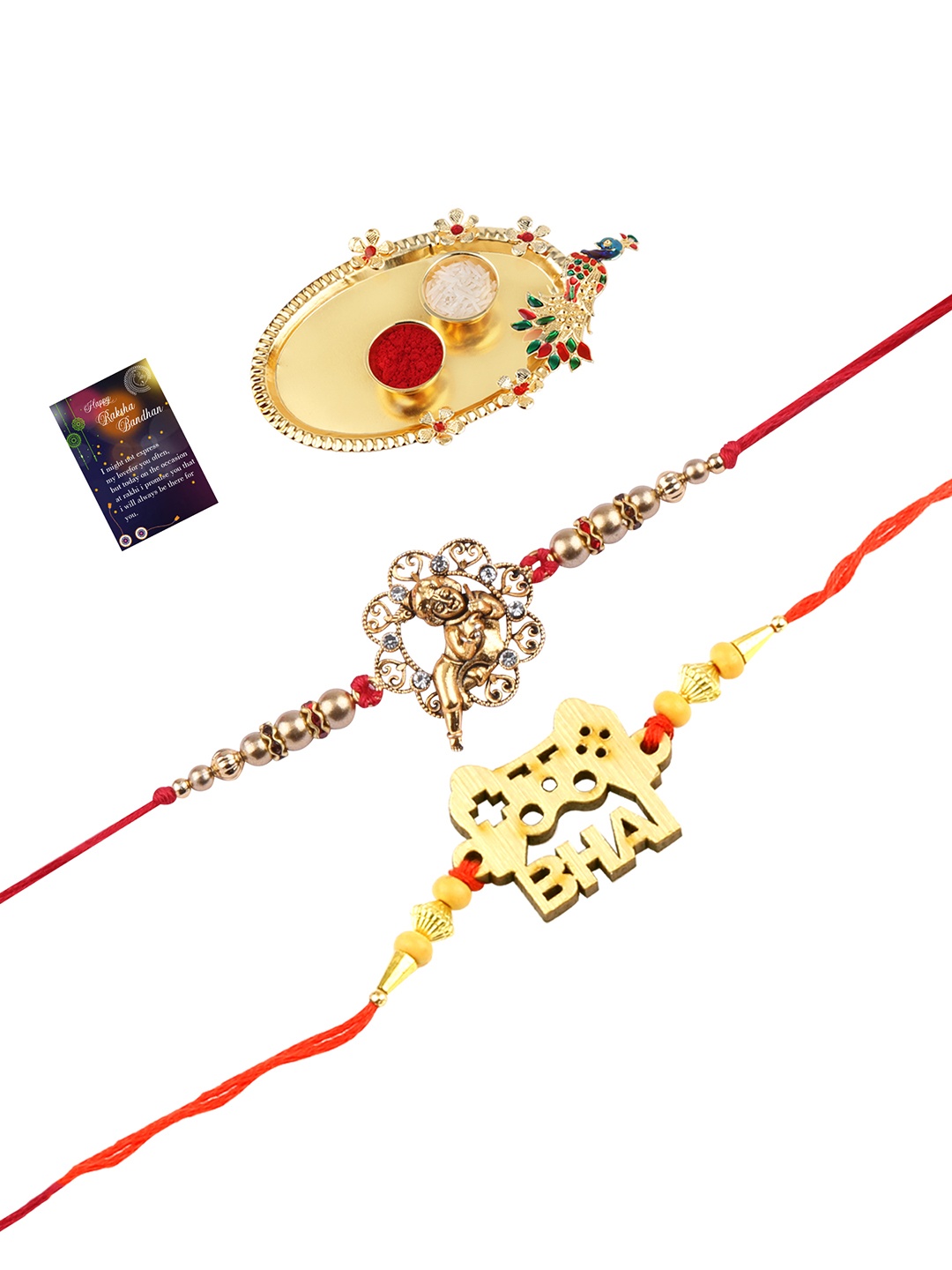 

Silver Shine 2 Rakhi with Pooja Thali Roli Chawal and Greeting Card, Multi
