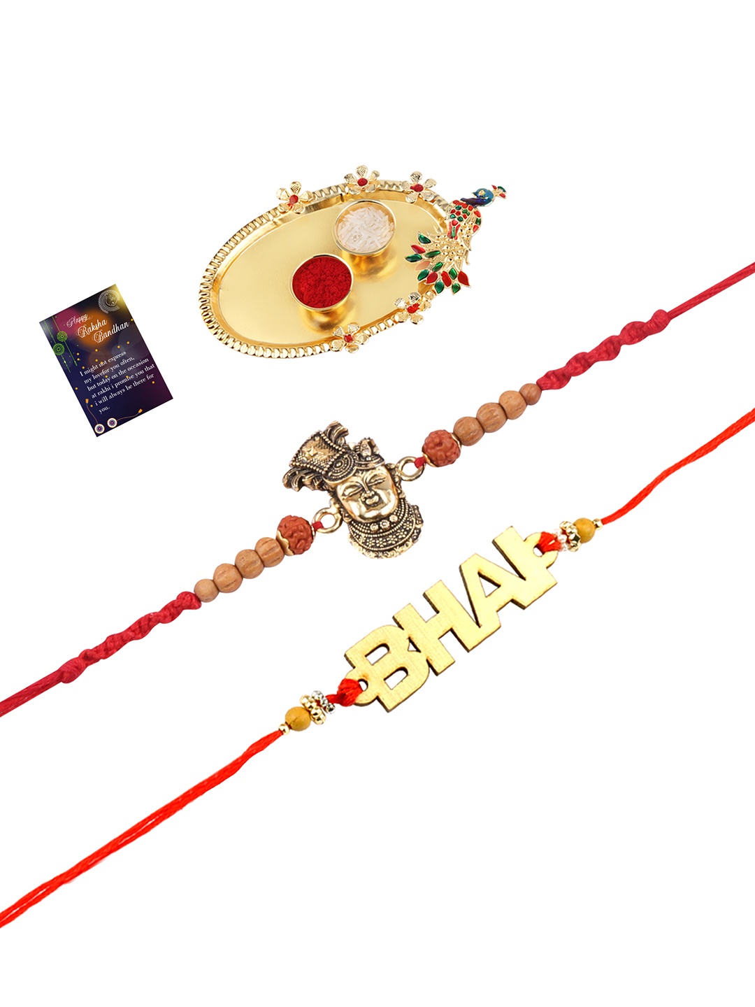 

Silver Shine 2 Rakhi With Pooja Thali Roli Chawal And Greeting Card, Red