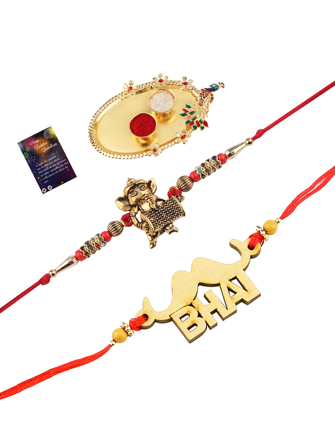 

Silver Shine 2 Rakhi With Pooja Thali Roli Chawal And Greeting Card, Red