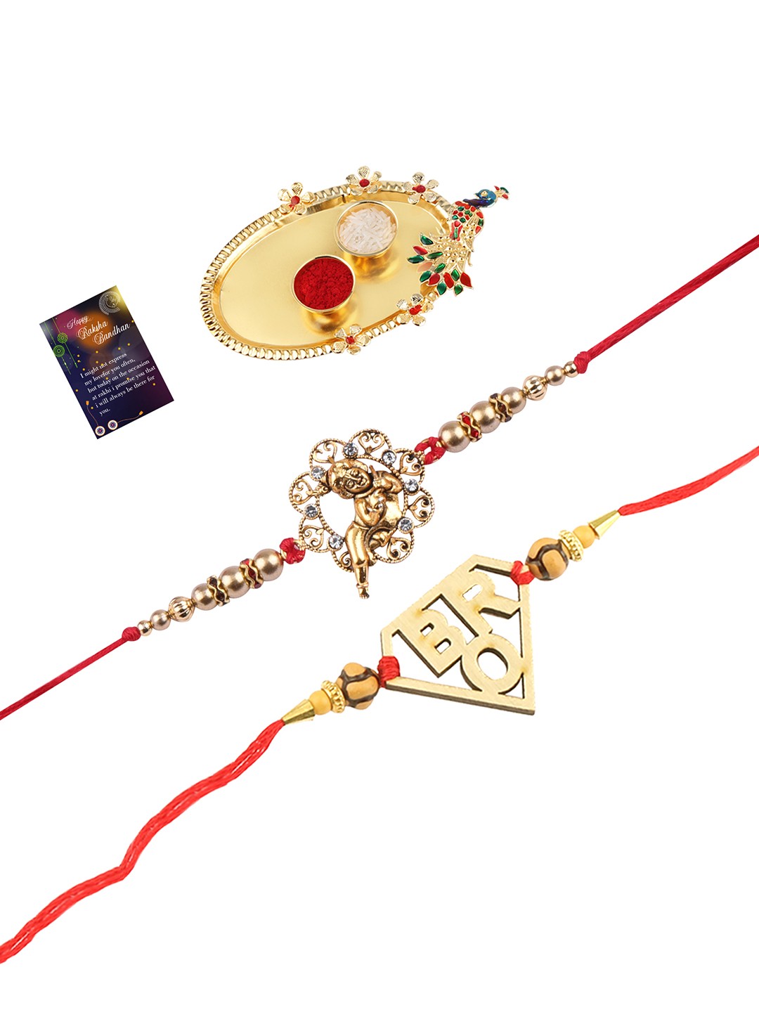 

Silver Shine 2 Rakhi With Pooja Thali Roli Chawal And Greeting Card, Multi