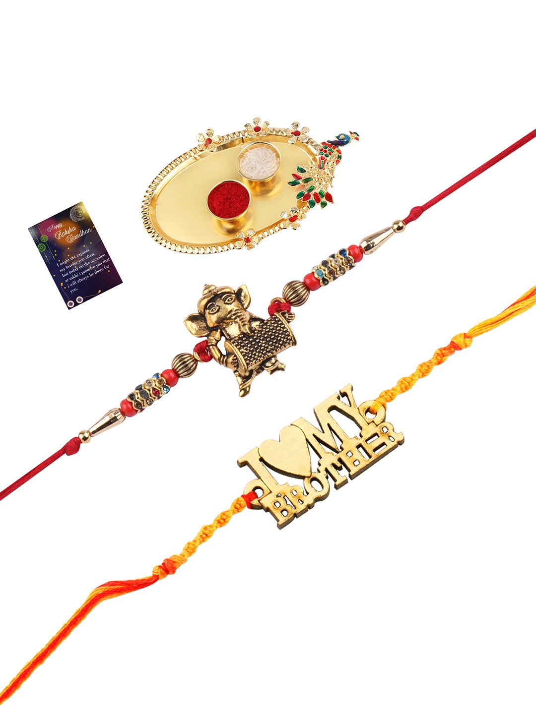 

Silver Shine 2 Rakhi with Pooja Thali Roli Chawal and Greeting Card, Red